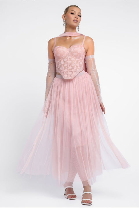 Textured Floral Mesh Corset Tulle Gathered Midaxi Skirt With Jersey Scarf & Embellished Fingerless Mesh Gloves - Blush by Goddiva