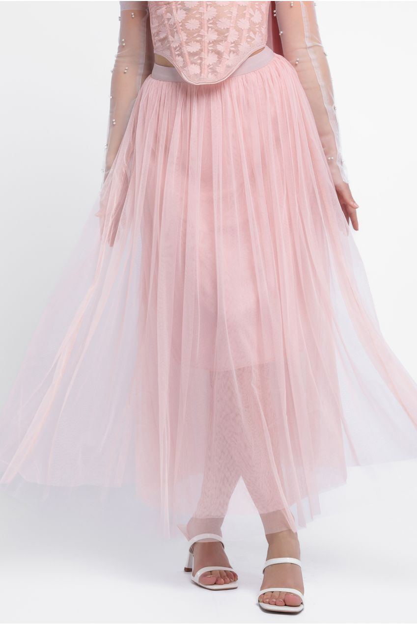 Textured Floral Mesh Corset Tulle Gathered Midaxi Skirt With Jersey Scarf & Embellished Fingerless Mesh Gloves - Blush LOOK23