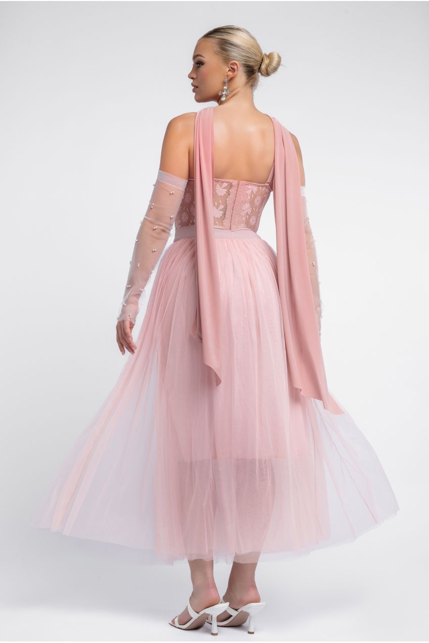 Textured Floral Mesh Corset Tulle Gathered Midaxi Skirt With Jersey Scarf & Embellished Fingerless Mesh Gloves - Blush LOOK23