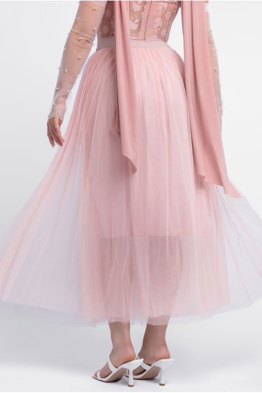 Textured Floral Mesh Corset Tulle Gathered Midaxi Skirt With Jersey Scarf & Embellished Fingerless Mesh Gloves - Blush LOOK23