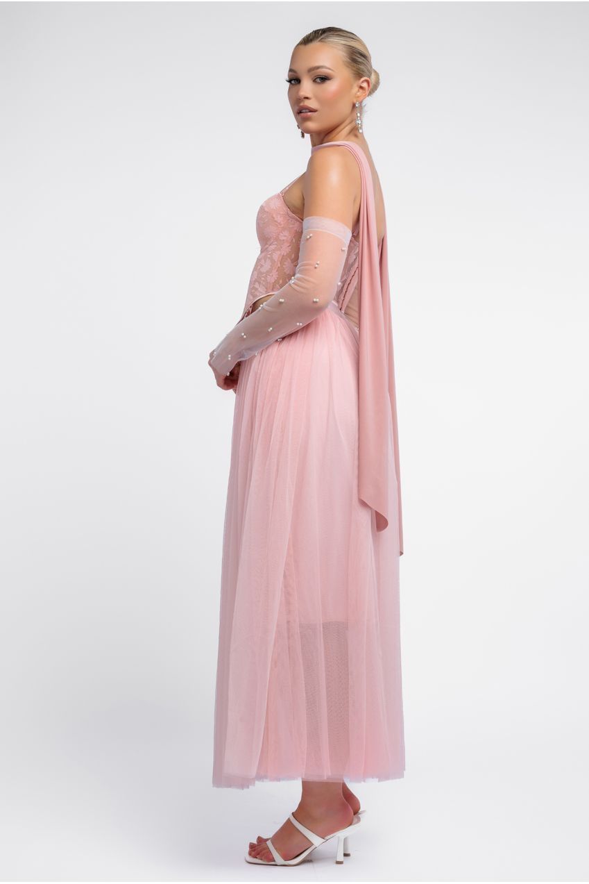 Textured Floral Mesh Corset Tulle Gathered Midaxi Skirt With Jersey Scarf & Embellished Fingerless Mesh Gloves - Blush LOOK23