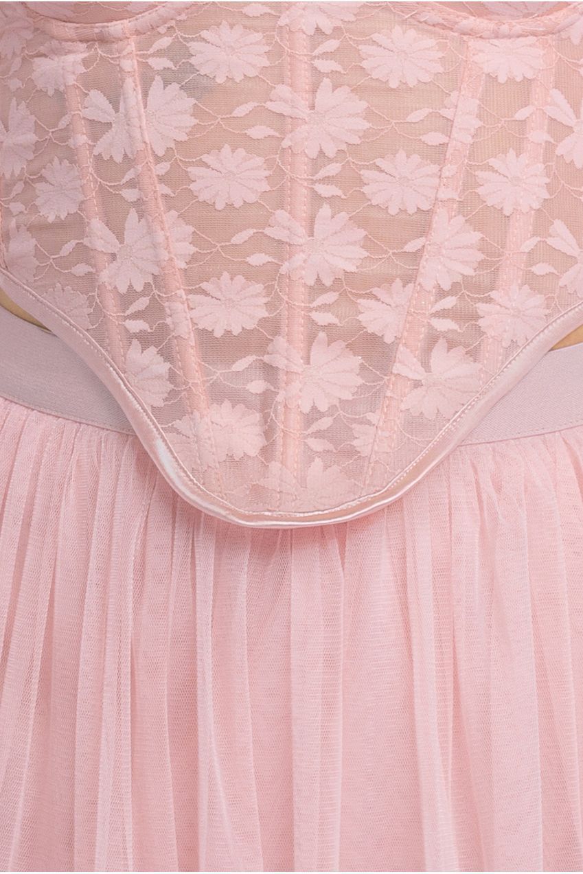 Textured Floral Mesh Corset Tulle Gathered Midaxi Skirt With Jersey Scarf & Embellished Fingerless Mesh Gloves - Blush LOOK23