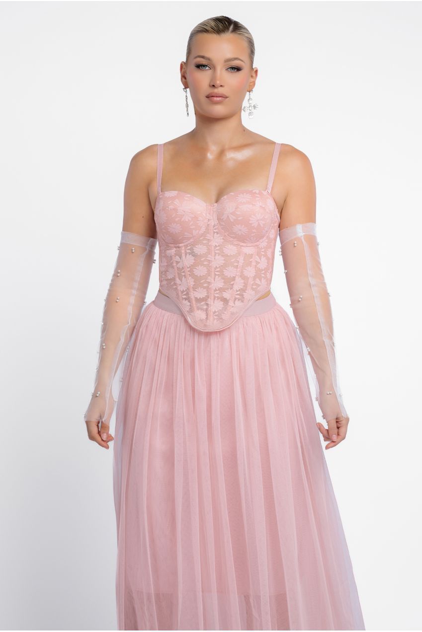 Textured Floral Mesh Corset Tulle Gathered Midaxi Skirt With Jersey Scarf & Embellished Fingerless Mesh Gloves - Blush LOOK23