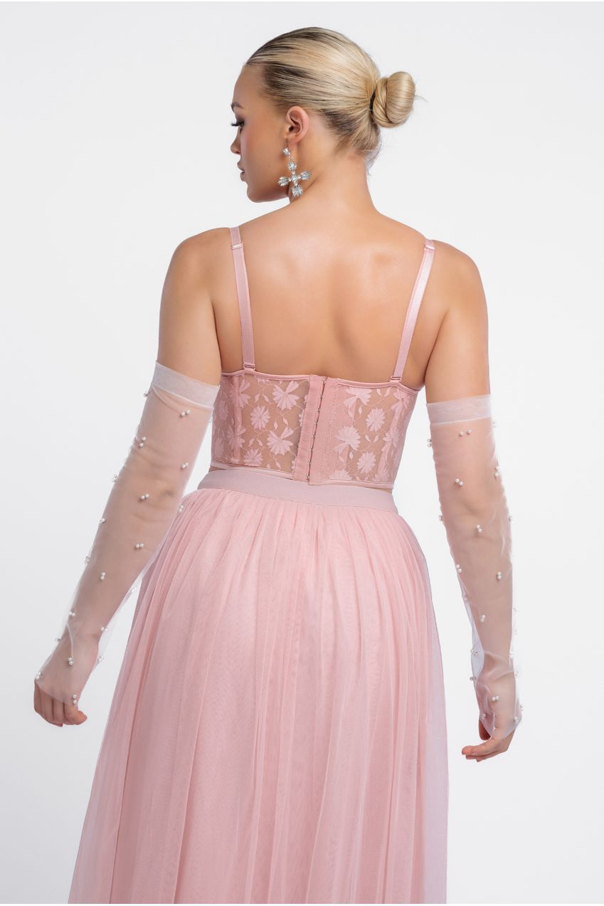 Textured Floral Mesh Corset Tulle Gathered Midaxi Skirt With Jersey Scarf & Embellished Fingerless Mesh Gloves - Blush LOOK23