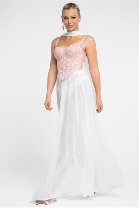 Textured Floral Mesh Corset Gathered A-Line Glitter Chiffon Maxi Skirt With Jersey Scarf & Diamante Embellished Mesh Gloves - Blush & Cream by Goddiva