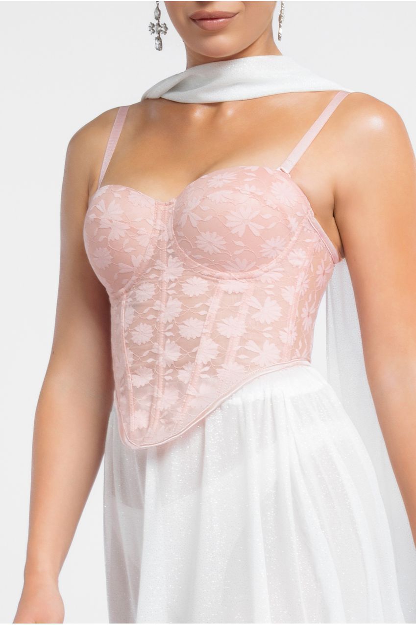 Textured Floral Mesh Corset Gathered A-Line Glitter Chiffon Maxi Skirt With Jersey Scarf & Diamante Embellished Mesh Gloves - Blush & Cream LOOK22