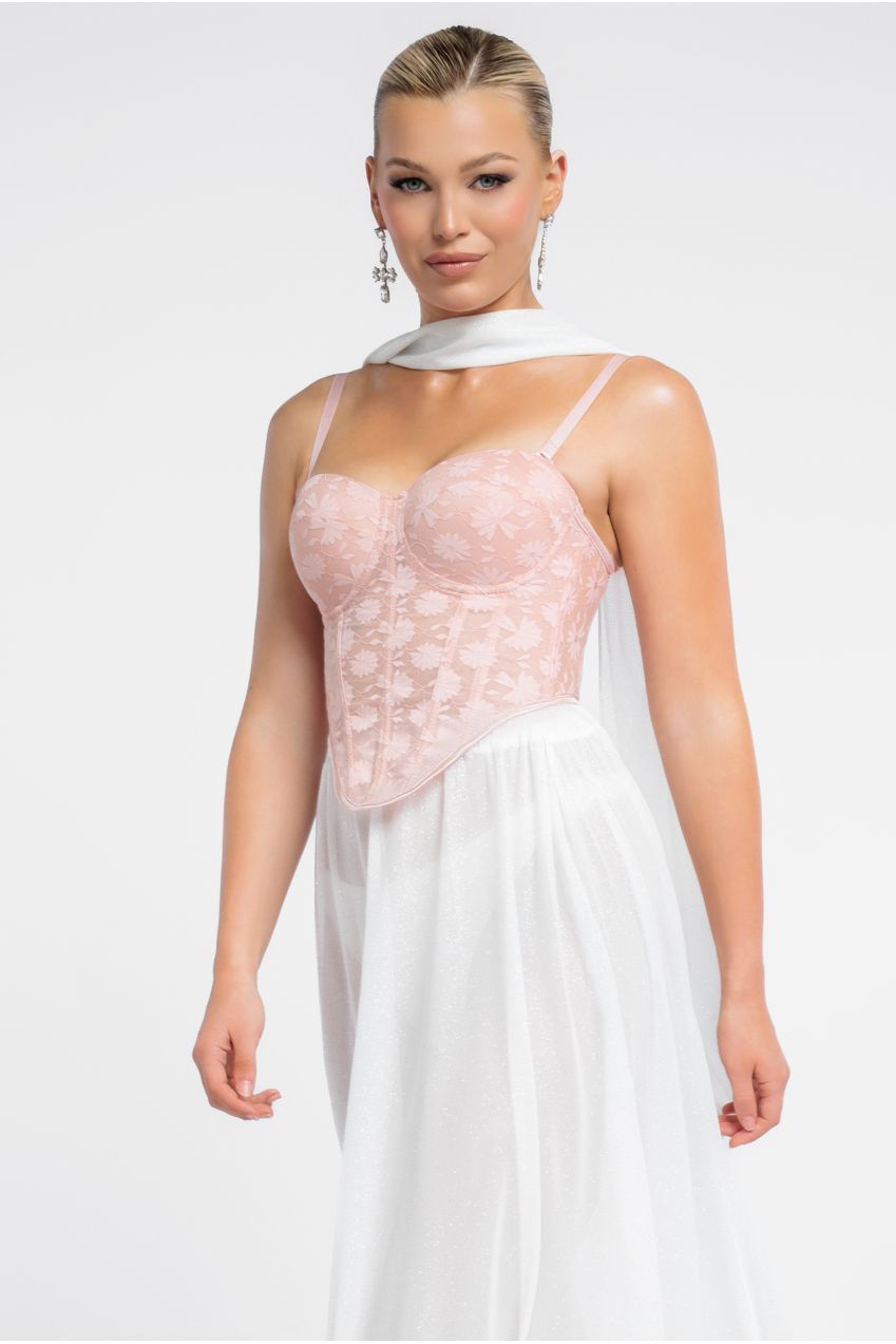 Textured Floral Mesh Corset Gathered A-Line Glitter Chiffon Maxi Skirt With Jersey Scarf & Diamante Embellished Mesh Gloves - Blush & Cream LOOK22