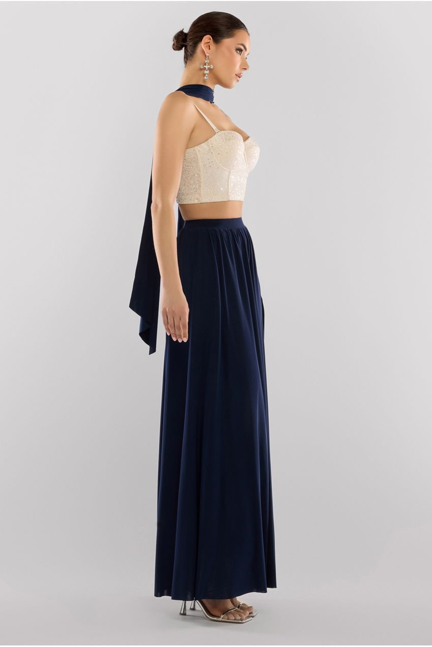 Cropped Sleeveless Sequin Corset Side Split Jersey Maxi Skirt With Jersey Scarf - Cream & Navy LOOK19