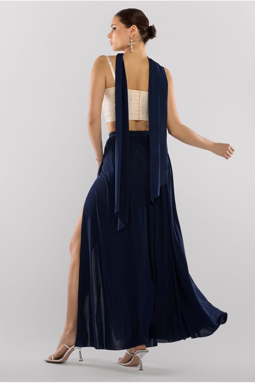 Cropped Sleeveless Sequin Corset Side Split Jersey Maxi Skirt With Jersey Scarf - Cream & Navy LOOK19