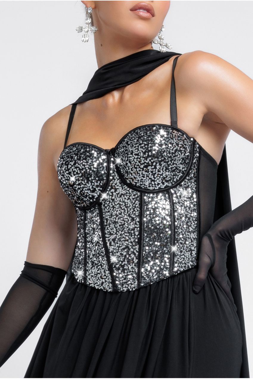 Sequin Corset Side Split Jersey Maxi Skirt With Scarf & Stretch Mesh Gloves - Black & Silver LOOK21