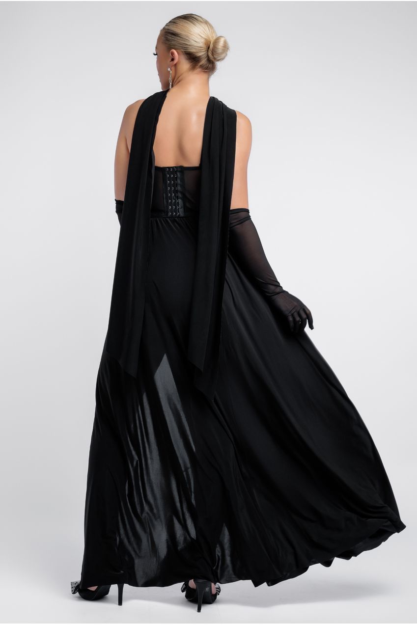 Sequin Corset Side Split Jersey Maxi Skirt With Scarf & Stretch Mesh Gloves - Black & Silver LOOK21