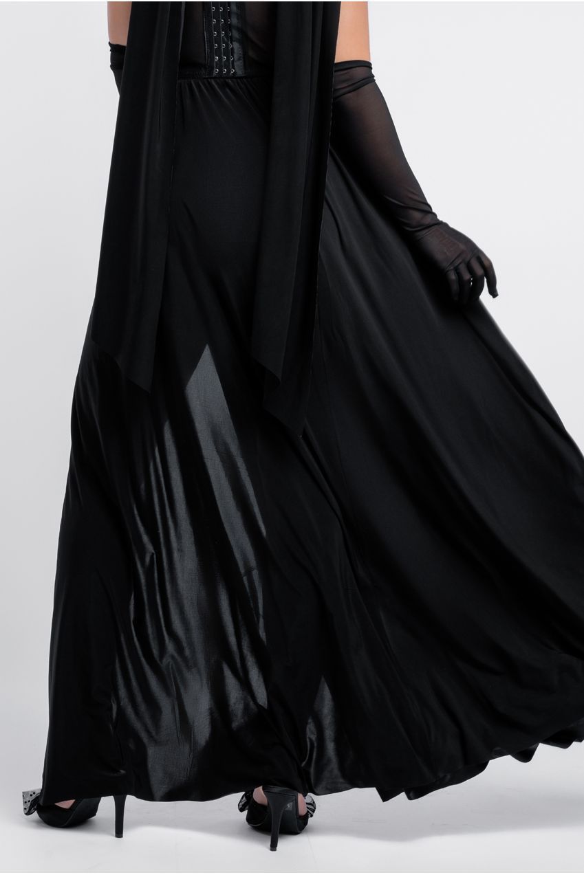 Sequin Corset Side Split Jersey Maxi Skirt With Scarf & Stretch Mesh Gloves - Black & Silver LOOK21