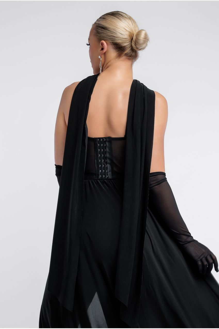 Sequin Corset Side Split Jersey Maxi Skirt With Scarf & Stretch Mesh Gloves - Black & Silver LOOK21