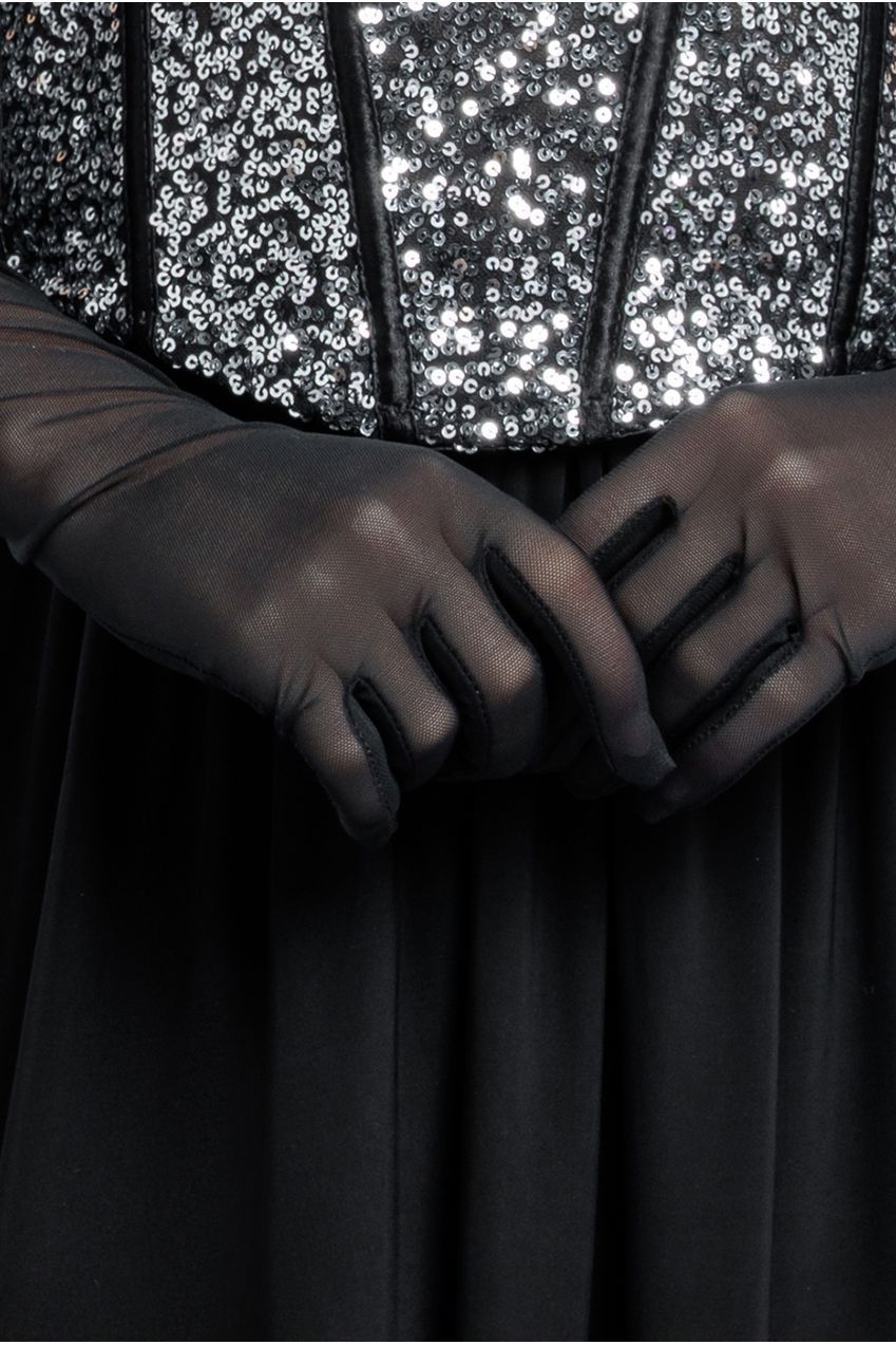 Sequin Corset Side Split Jersey Maxi Skirt With Scarf & Stretch Mesh Gloves - Black & Silver LOOK21