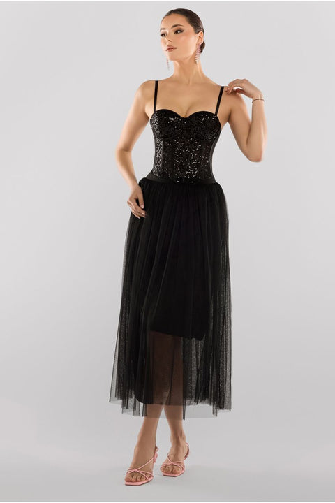 Sequin Corset Tulle Gathered Midaxi Skirt & Soft Touch Jersey Scarf - Black by Goddiva