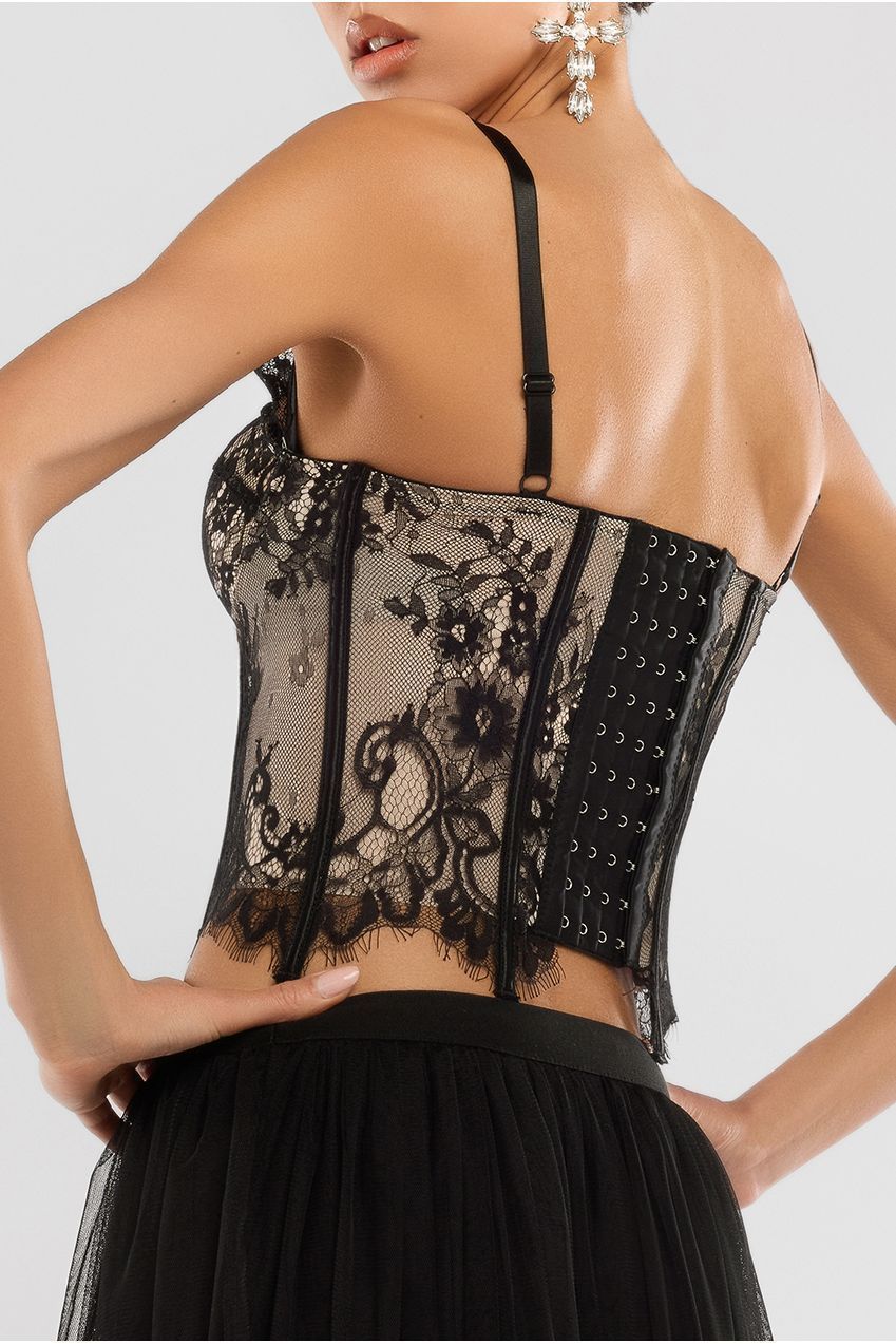Cropped Lace Corset Tulle Gathered Midaxi Skirt With Embroidered Stretch Mesh Gloves & Jersey Scarf - Black LOOK15