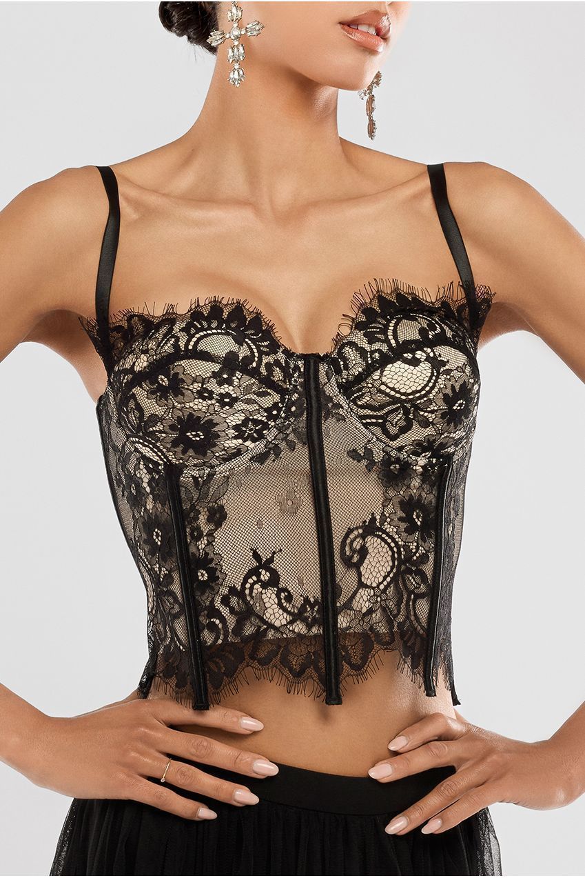 Cropped Lace Corset Tulle Gathered Midaxi Skirt With Embroidered Stretch Mesh Gloves & Jersey Scarf - Black LOOK15
