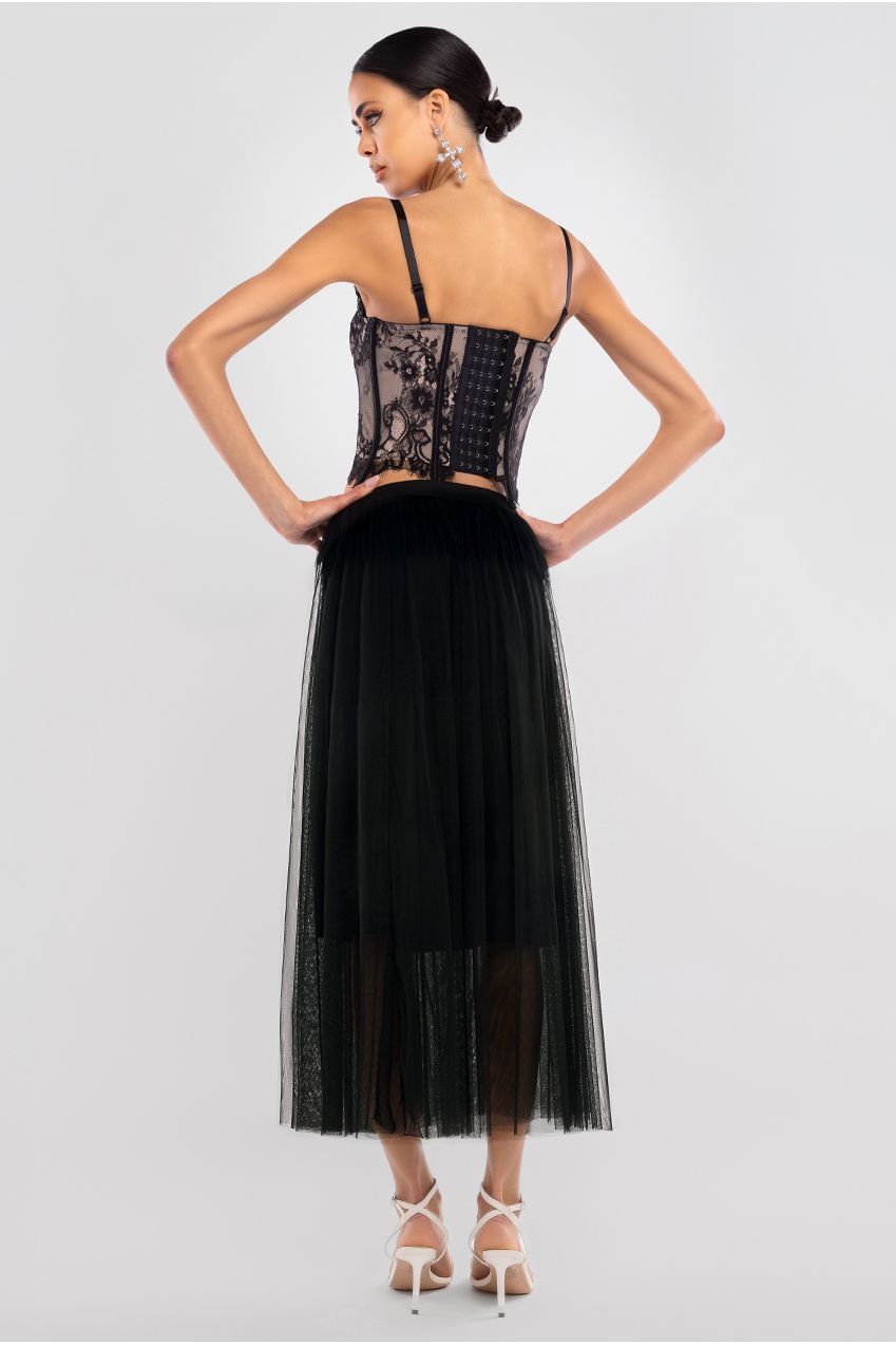 Cropped Lace Corset Tulle Gathered Midaxi Skirt With Embroidered Stretch Mesh Gloves & Jersey Scarf - Black LOOK15