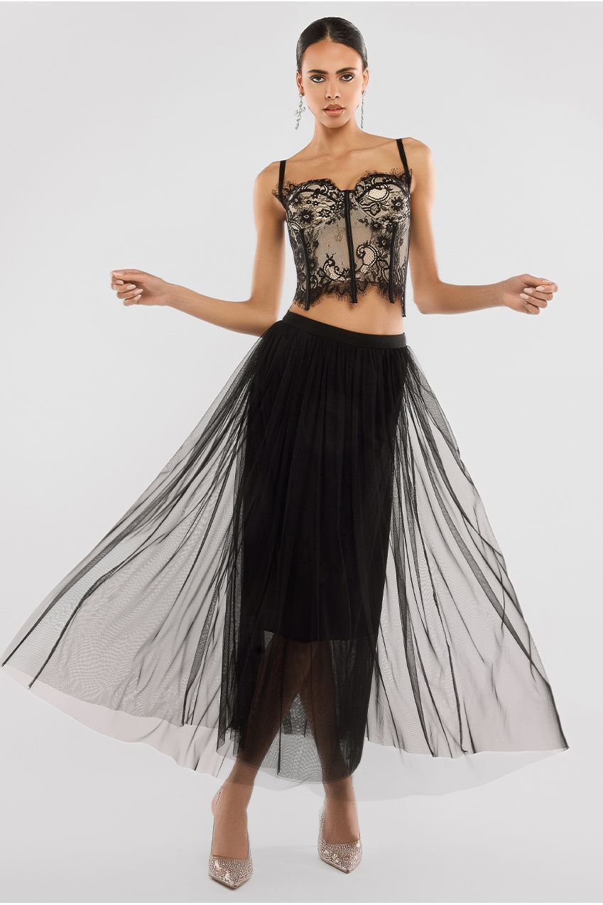 Cropped Lace Corset Tulle Gathered Midaxi Skirt With Embroidered Stretch Mesh Gloves & Jersey Scarf - Black LOOK15