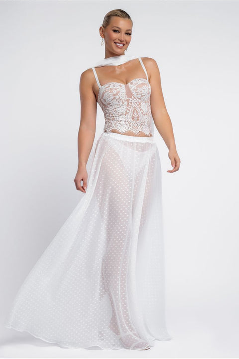 Embroidered Lace Corset Polka Dobby Chiffon A-Line Maxi Skirt With Scarf & Gloves - Cream by Goddiva