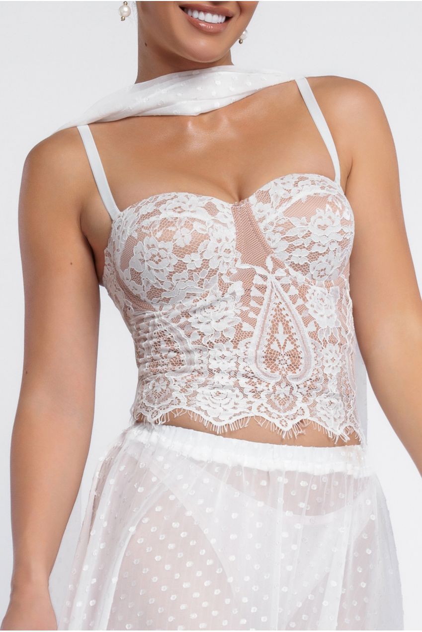 Embroidered Lace Corset Polka Dobby Chiffon A-Line Maxi Skirt With Scarf & Gloves - Cream LOOK14