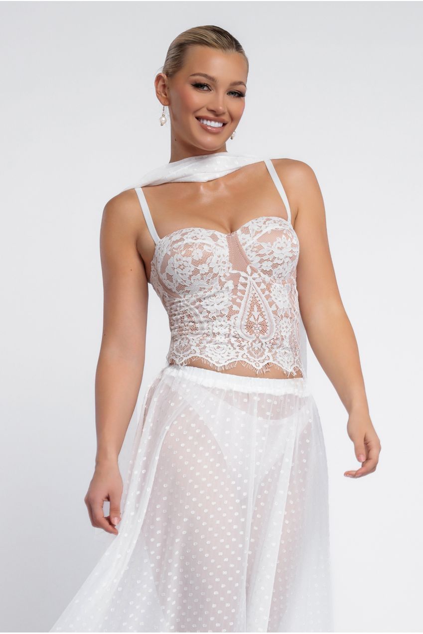 Embroidered Lace Corset Polka Dobby Chiffon A-Line Maxi Skirt With Scarf & Gloves - Cream LOOK14