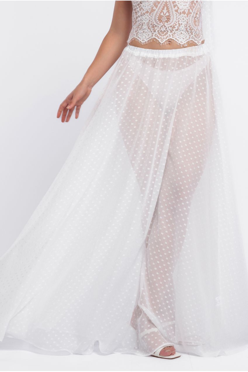 Embroidered Lace Corset Polka Dobby Chiffon A-Line Maxi Skirt With Scarf & Gloves - Cream LOOK14