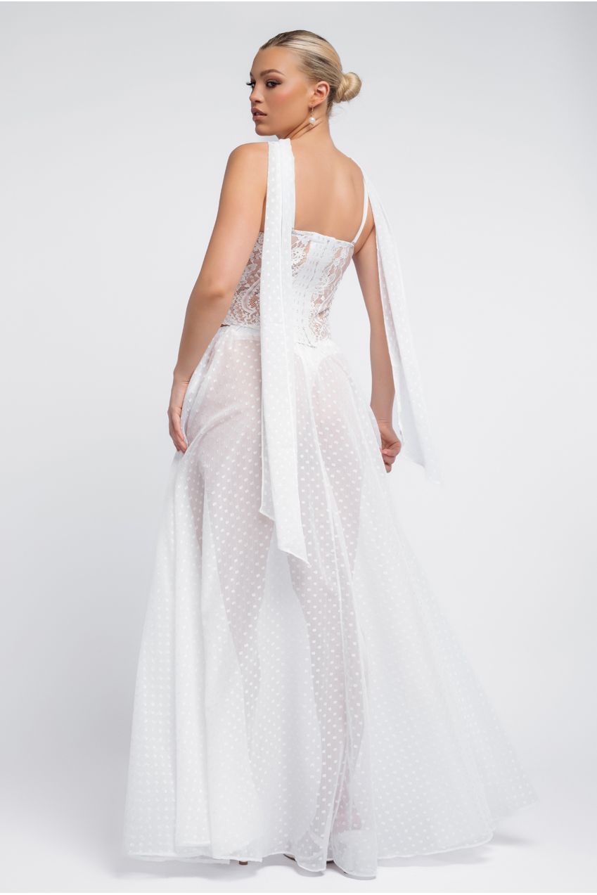 Embroidered Lace Corset Polka Dobby Chiffon A-Line Maxi Skirt With Scarf & Gloves - Cream LOOK14