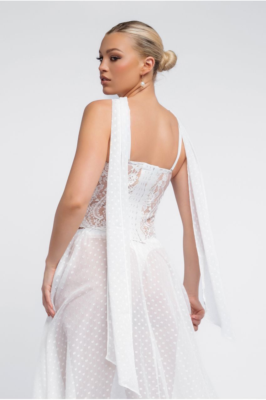 Embroidered Lace Corset Polka Dobby Chiffon A-Line Maxi Skirt With Scarf & Gloves - Cream LOOK14