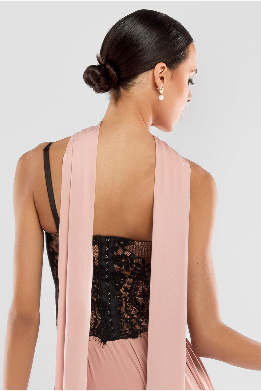 Embroidered Lace Corset Side Split Jersey Maxi Skirt With Jersey Scarf - Blush Pink LOOK17