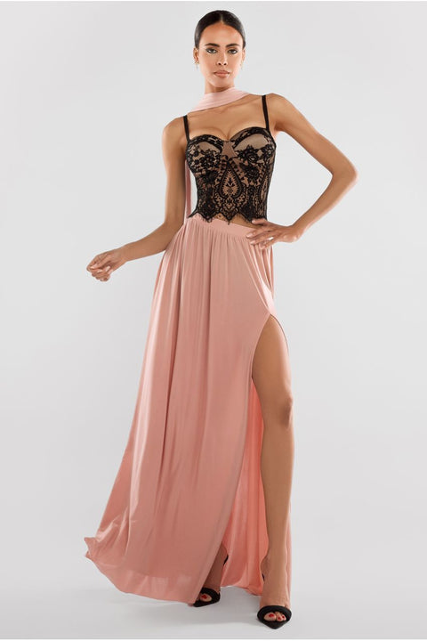 Embroidered Lace Corset Side Split Jersey Maxi Skirt With Jersey Scarf - Blush Pink by Goddiva