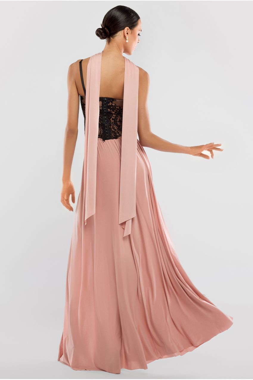 Embroidered Lace Corset Side Split Jersey Maxi Skirt With Jersey Scarf - Blush Pink LOOK17