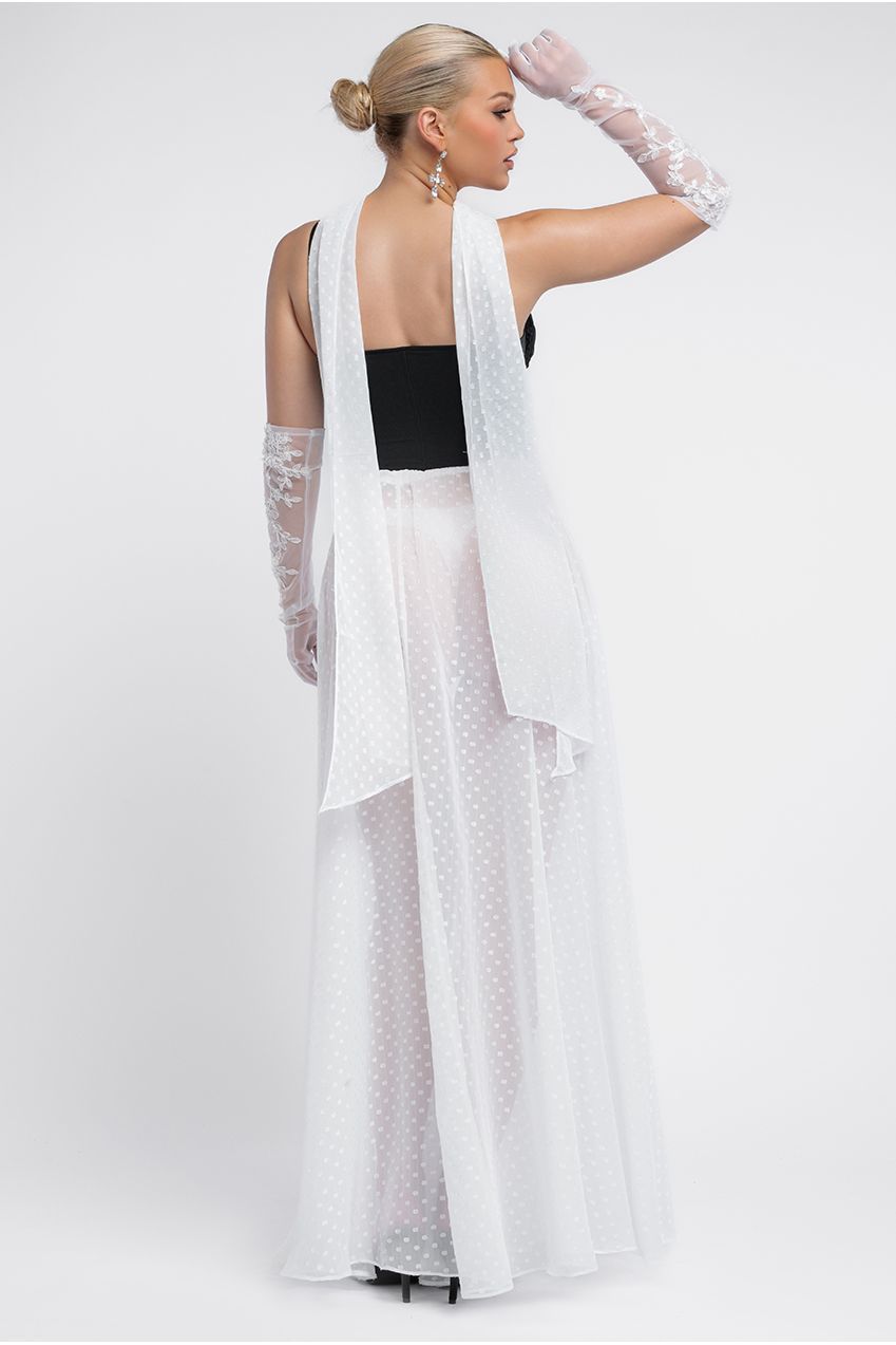 Milk Maid Corset Polka Dobby Chiffon A-Line Maxi Skirt With Scarf & Gloves - Black & Cream LOOK16
