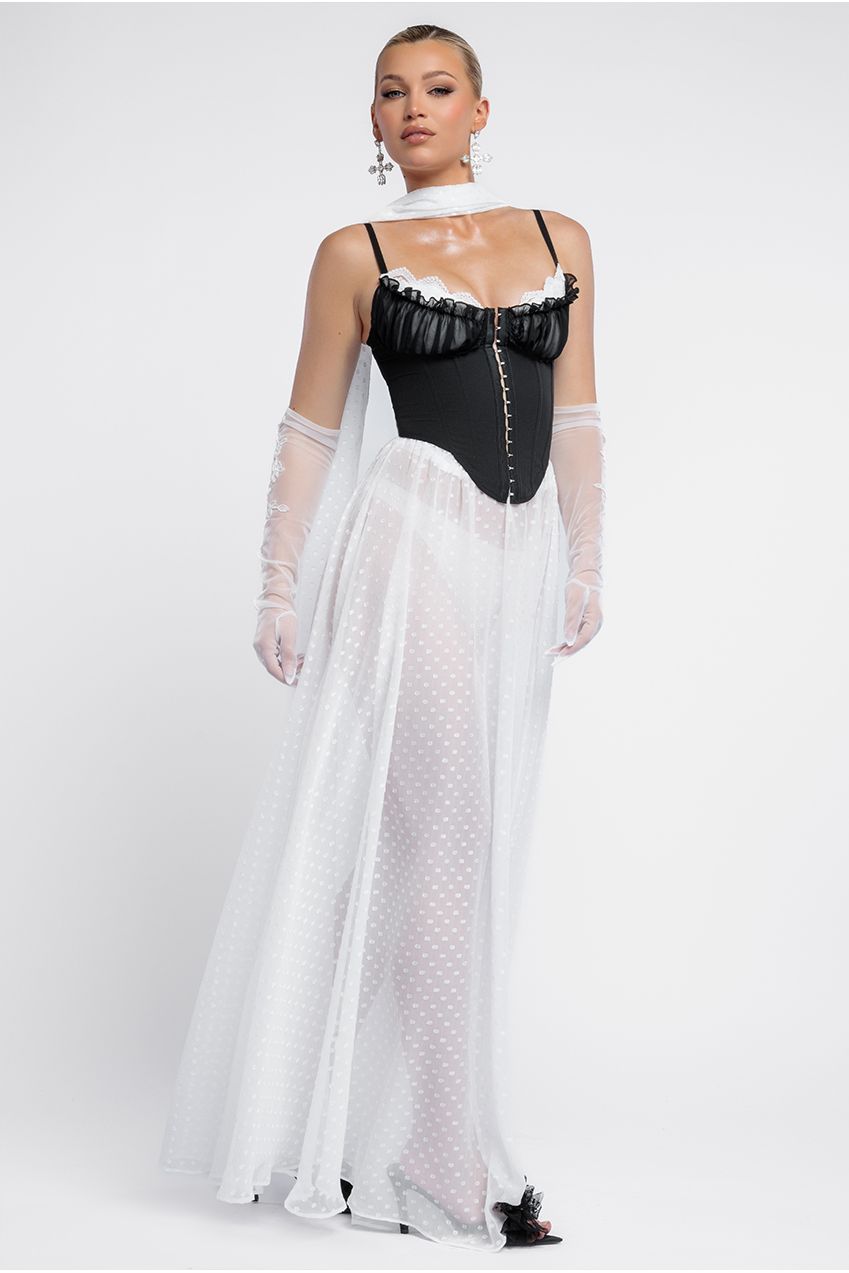 Milk Maid Corset Polka Dobby Chiffon A-Line Maxi Skirt With Scarf & Gloves - Black & Cream LOOK16