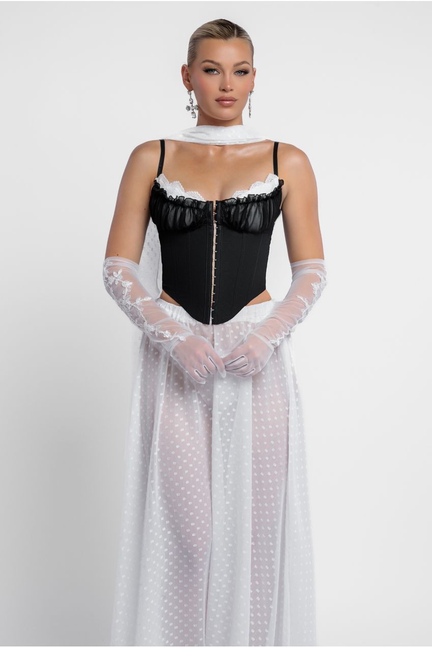 Milk Maid Corset Polka Dobby Chiffon A-Line Maxi Skirt With Scarf & Gloves - Black & Cream LOOK16