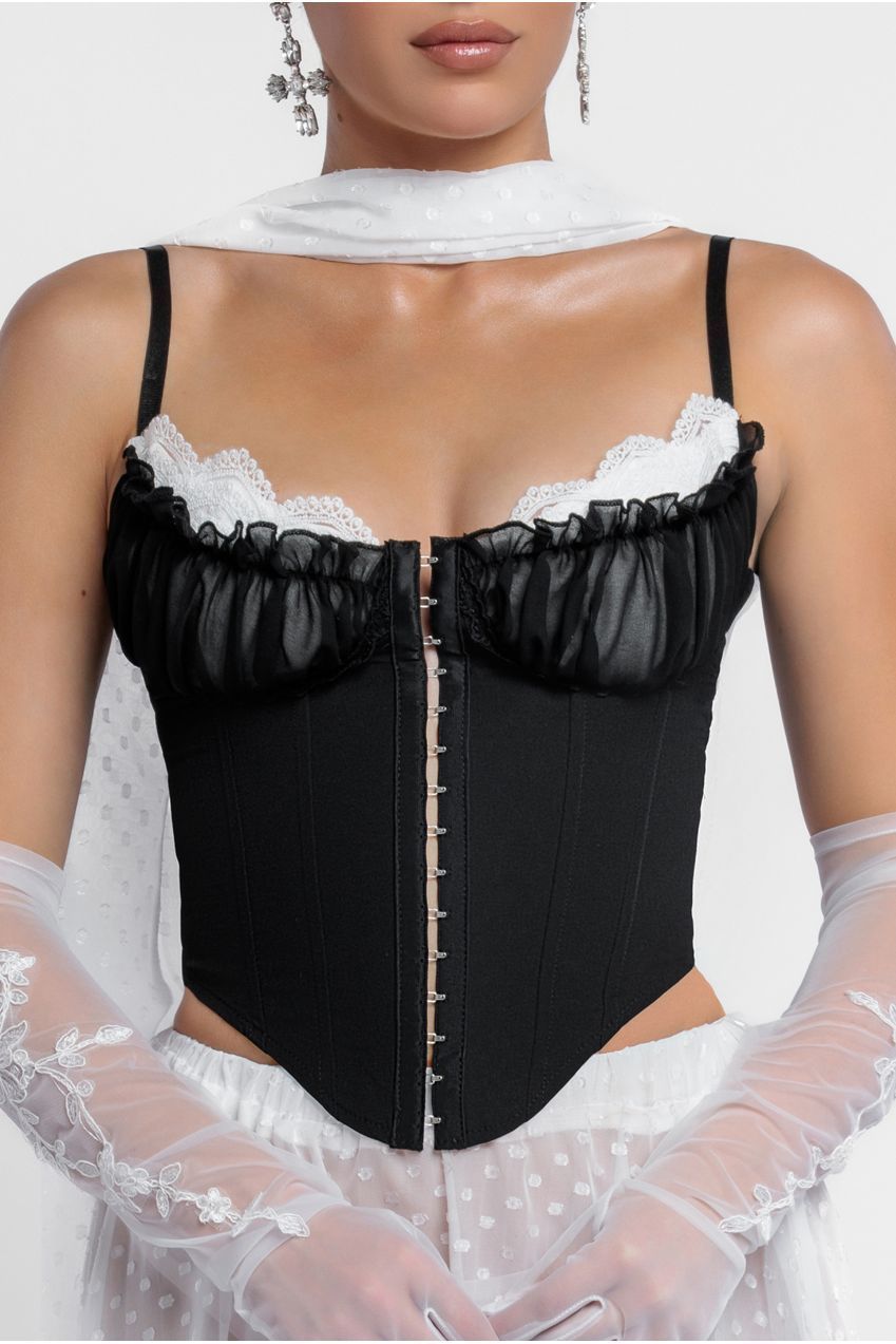 Milk Maid Corset Polka Dobby Chiffon A-Line Maxi Skirt With Scarf & Gloves - Black & Cream LOOK16