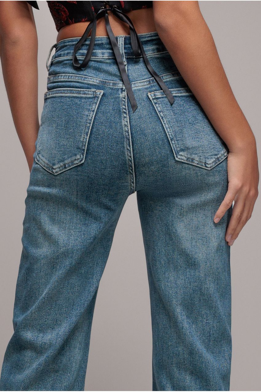 Mid Wash Straight Leg Denim Jeans - Blue TR393