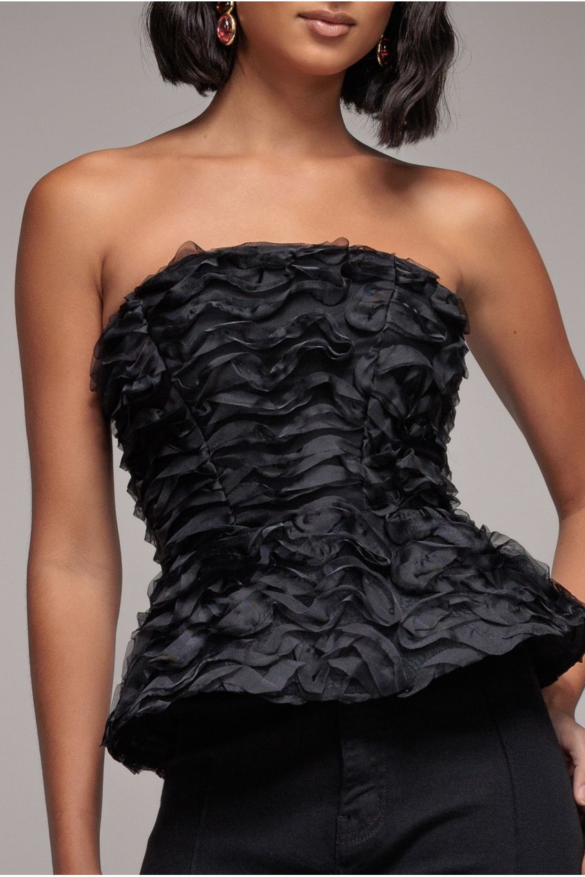 Peplum 3D Textured Boob Tube Lace Up Corset - Black T262