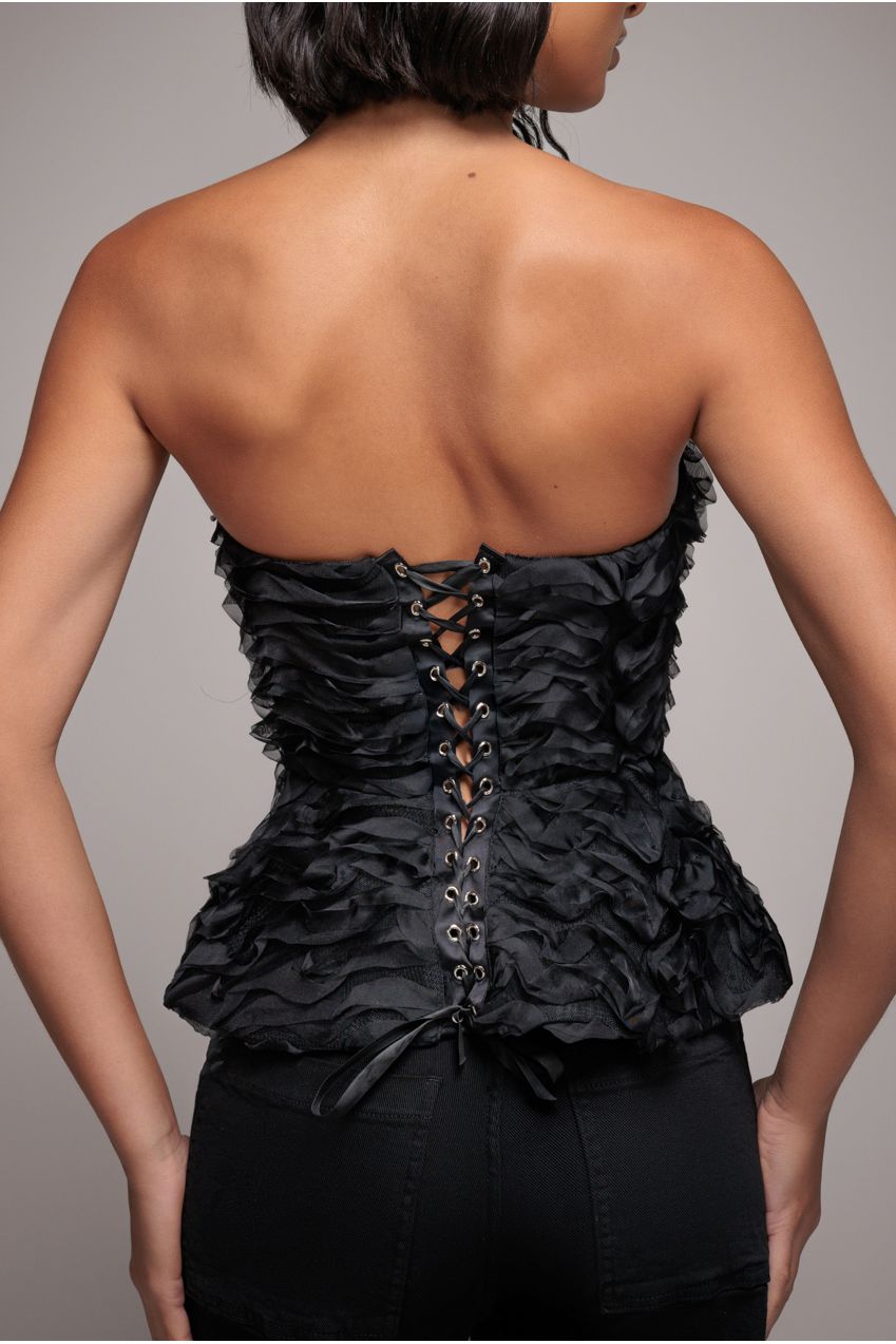 Peplum 3D Textured Boob Tube Lace Up Corset - Black T262