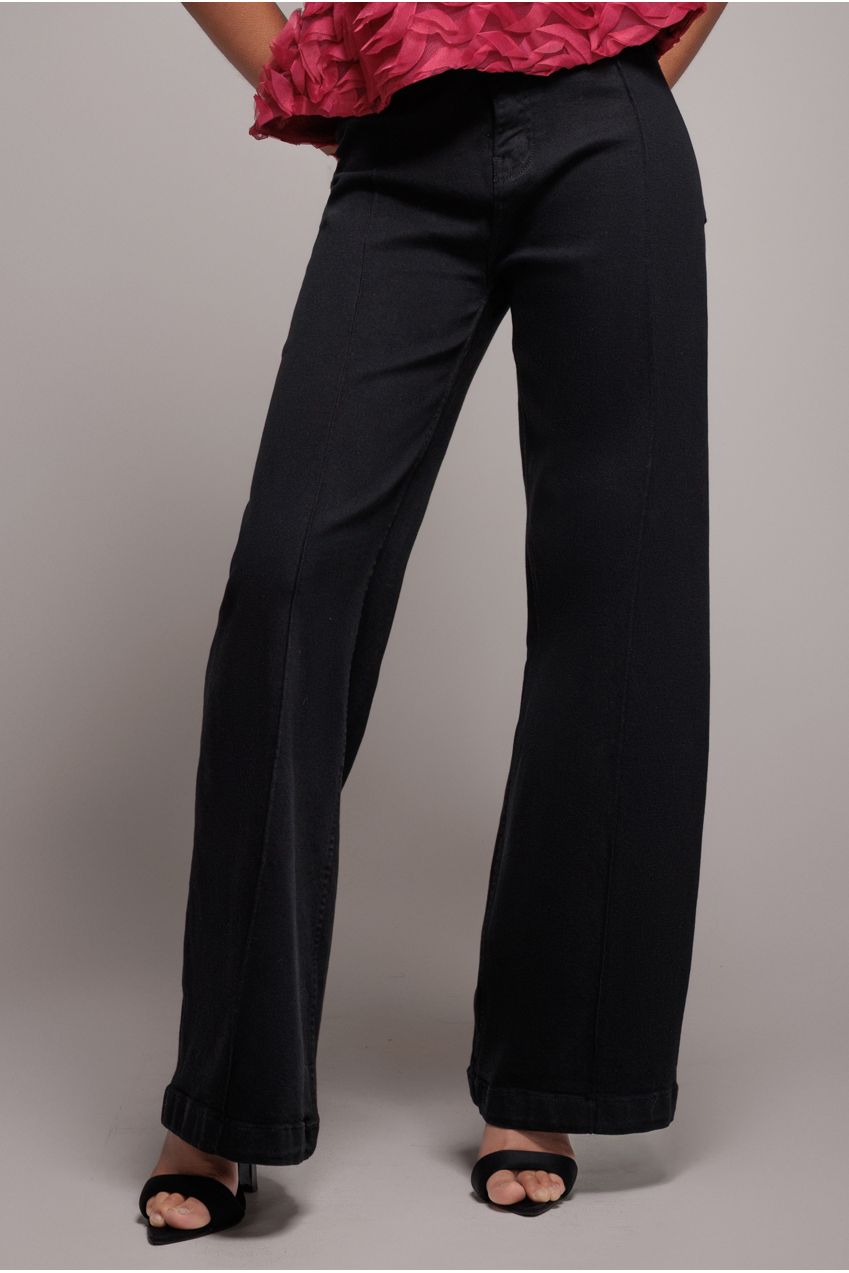 Wide Leg Stretch Denim Jeans - Black TR391
