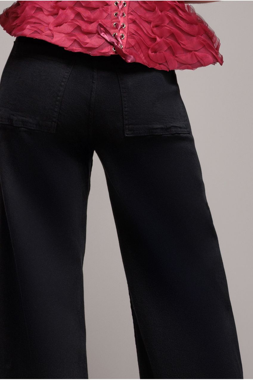 Wide Leg Stretch Denim Jeans - Black TR391