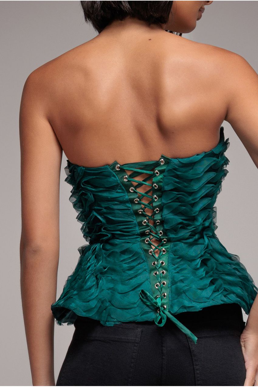 Peplum 3D Textured Boob Tube Lace Up Corset - Emerald Green T262