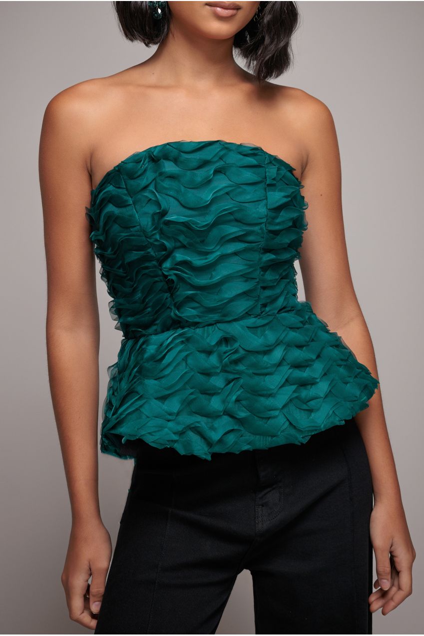 Peplum 3D Textured Boob Tube Lace Up Corset - Emerald Green T262