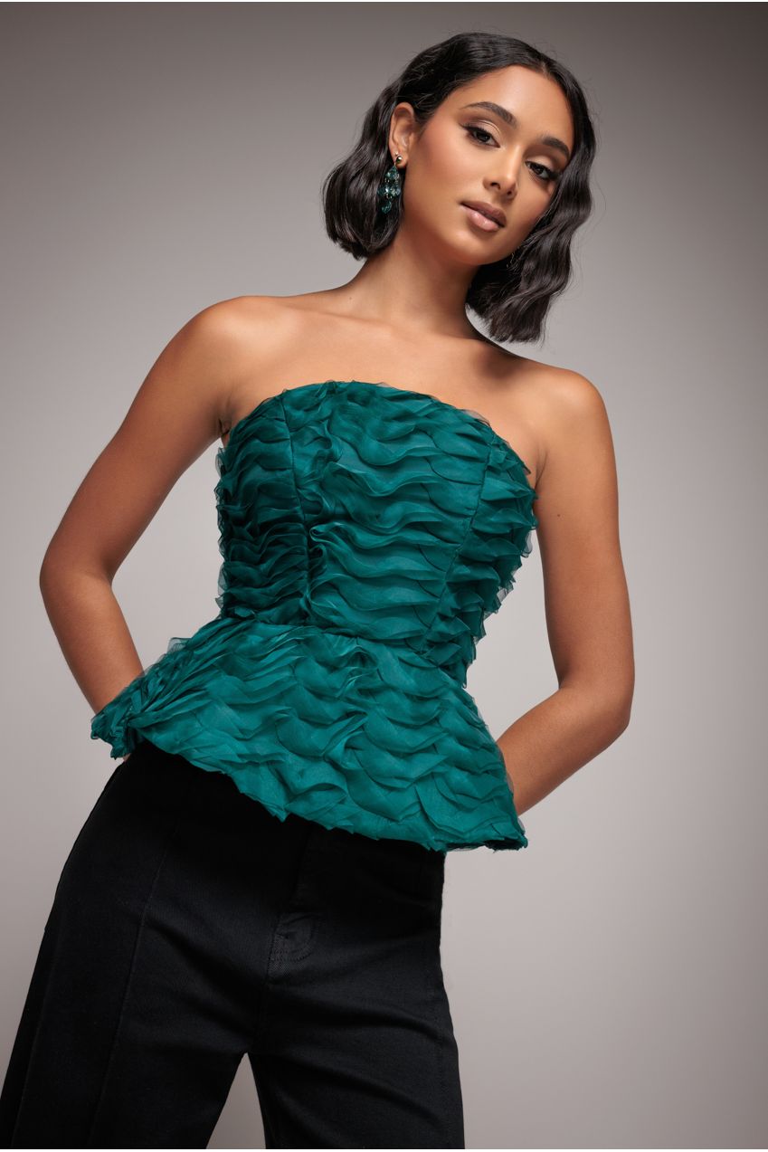 Peplum 3D Textured Boob Tube Lace Up Corset - Emerald Green T262
