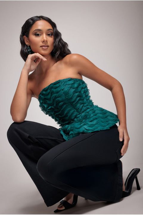 Peplum 3D Textured Boob Tube Lace Up Corset - Emerald Green by Goddiva