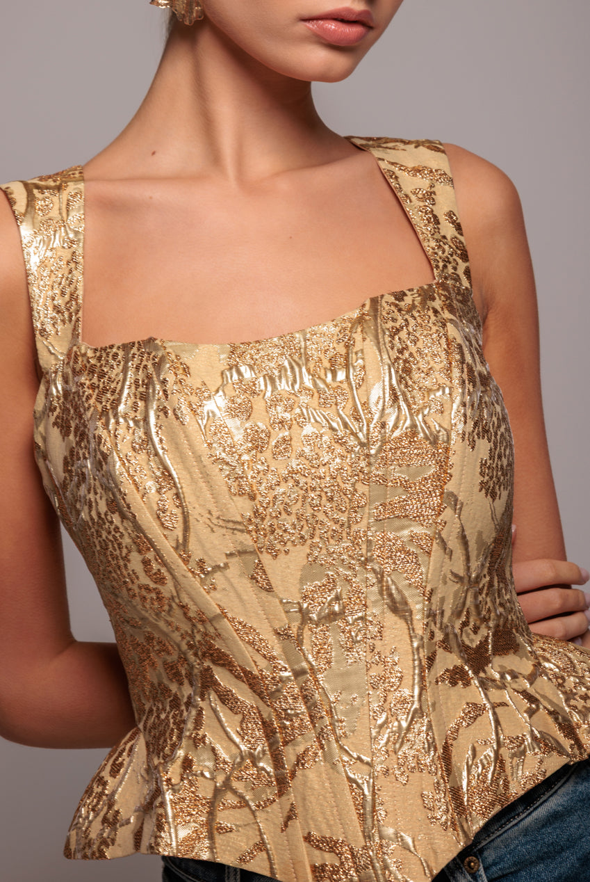Sleeveless Jacquard Lace Up Back Corset - Gold T265