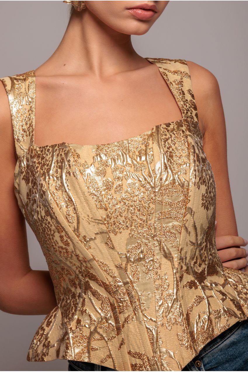 Sleeveless Jacquard Lace Up Back Corset - Gold T265