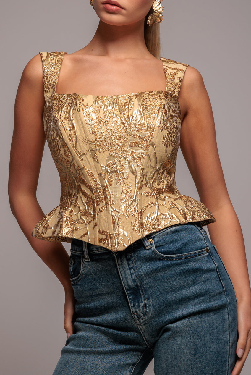 Sleeveless Jacquard Lace Up Back Corset - Gold T265