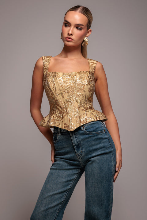 Sleeveless Jacquard Lace Up Back Corset - Gold by Goddiva