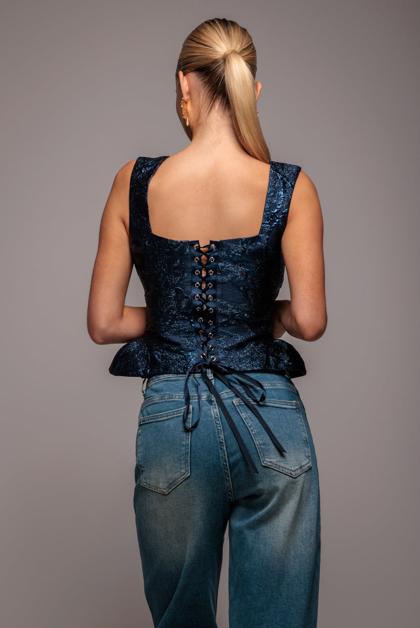 Sleeveless Jacquard Lace Up Back Corset - Navy Blue T265